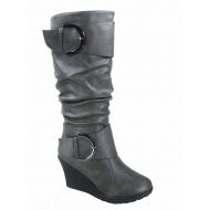 Top Moda Pure-65 Womens Fashion Round Toe Slouch Large Buckle Wedge Mid Calf Boot Shoes