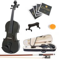 Mendini by Cecilio Full Size 44 MV-Black Handcrafted Solid Wood Violin Pack with 1 Year Warranty, Shoulder Rest, Bow, Rosin, Extra Set Strings, 2 Bridges & Case, Metallic Black