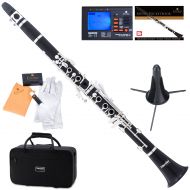 Mendini by Cecilio MCT-40 Ebony Wood Bb Clarinet wSilver Plated Keys, Italian Pads, 1 Year Warranty, Stand, Tuner, 10 Reeds, Pocketbook, Mouthpiece, Case, B Flat