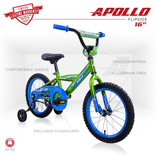  Apollo FlipSide 14 inch Kids Bicycle, Ages 3 to 5, Height 30 - 38 inches, Green/Blue