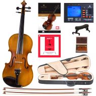 Cecilio Size 12 CVN-500 Ebony Fitted Flamed Solid Wood Violin with DAddario Prelude Strings, Lesson Book, Shoulder Rest