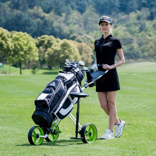 코스트웨이 Costway Foldable 3 Wheel Push Pull Golf Club Cart Trolley wSeat Scoreboard Bag Swivel