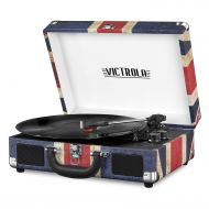 Portable Victrola Suitcase Record Player with Bluetooth and 3 Speed Turntable, UK Flag.
