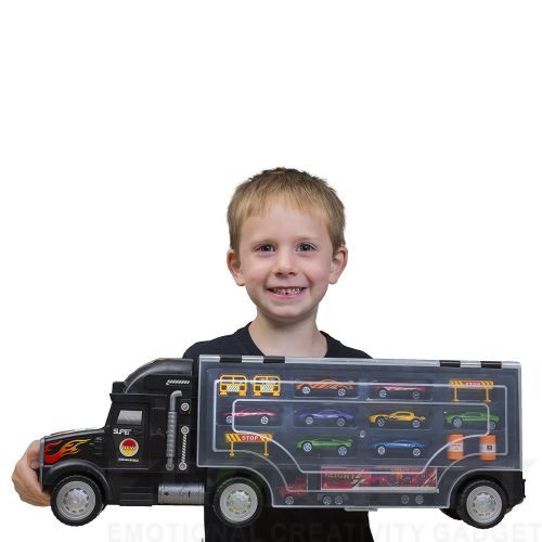  Big-Daddy Toy Truck Super Mega Extra Large Tractor Trailer Car Collection Case Carrier Transport Toy Truck For Kids Includes 12 Cars 1 Small Tractor Trailer & 6 More Accessories