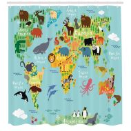 Wanderlust Decor Shower Curtain Set, Animal Map Of The World For Children And Kids Cartoon Mountains Forests, Bathroom Accessories, 69W X 70L Inches, By Ambesonne