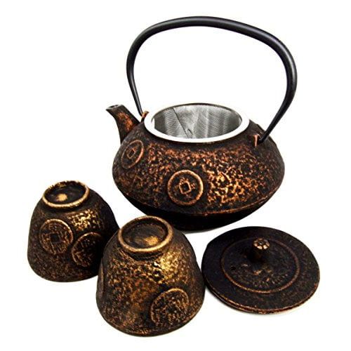  Atlantic Collectibles Japanese Dark Rich Gold In Coin Money Pattern Heavy Cast Iron Tea Pot With Trivet and Cups Set Serves 2