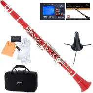Mendini by Cecilio MCT-R Red ABS Bb Clarinet w1 Year Warranty, Stand, Tuner, 10 Reeds, Pocketbook, Mouthpiece, Case, B Flat