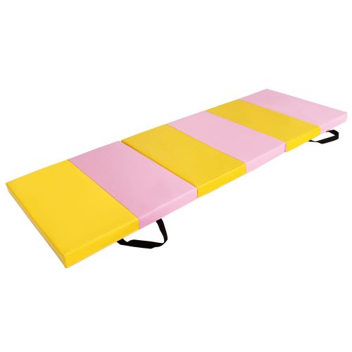 코스트웨이 Costway Pink&Yellow Tri-Fold Gymnastics Mat 6x2 Folding Fitness Exercise Carry Handles