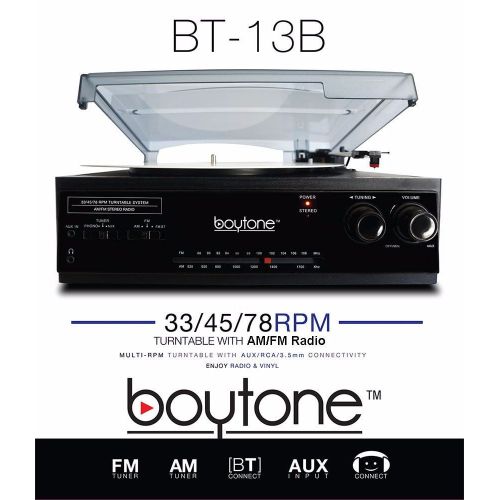 보이톤 Boytone BT-13B with Bluetooth Connection 3-Speed Stereo Turntable Belt Drive 334578 RPM, 2 built in Speakers AMFM Ste