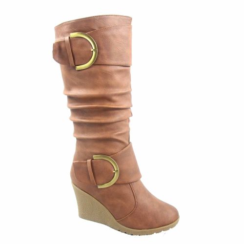  Top Moda Pure-65 Womens Fashion Round Toe Slouch Large Buckle Wedge Mid Calf Boot Shoes