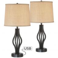 360 Lighting Modern Table Lamps Set of 2 with USB Charging Port Iron Bronze Drum Shade for Living Room Family Bedroom Office