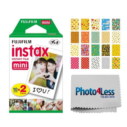 후지필름 Fujifilm instax mini Instant Film (20 Exposures) + 20 Sticker Frames for Fuji Instax Prints Emoji Package + Photo4Less Cleaning loth  Deluxe Accessory Bundle