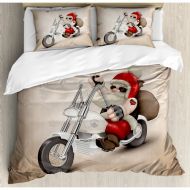 Ambesonne Christmas Rock Grunge Santa with Heart Tattoo on Motorbike Delivery Bikie Peace Duvet Cover Set