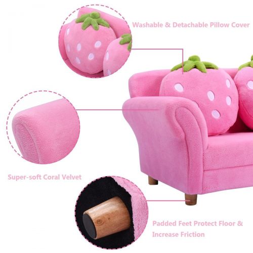코스트웨이 Costway Kids Sofa Strawberry Armrest Chair Lounge Couch w2 Pillow Children Toddler Pink