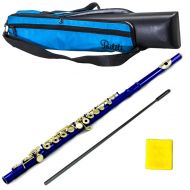 Paititi PAITITI Blue Plated Gold Key Open Hole C Flute, Quality Sound with Lightweight Case, Case Cover and More