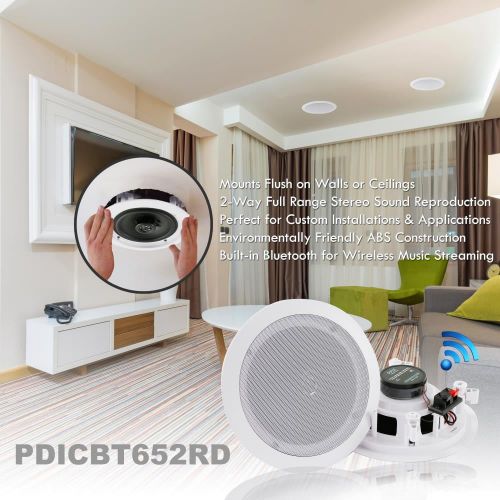  Pyle PDICBT652RD - Dual 6.5’’ Bluetooth Ceiling  Wall Speakers, 2-Way Flush Mount Home Speaker Pair, 200 Watt