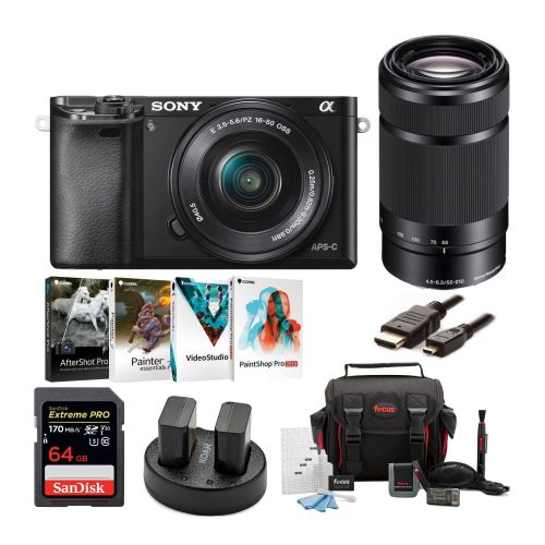 소니 Sony a6000 Camera with 16-50mm and 55-210mm Lenses + Corel Software Suite + Accessory Bundle