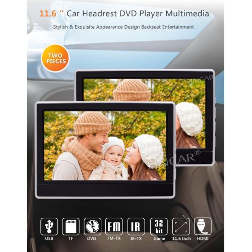  EinCar Eincar New 11.6 Inch 2x Twin Car headrest DVD player Touch Screen with FM IR Transmitter Game Disc 2x IR Headphones Built in USBSDHDMI Port