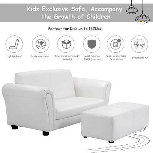 코스트웨이 Costway White Kids Sofa Armrest Chair Couch Lounge Children Birthday Gift w Ottoman