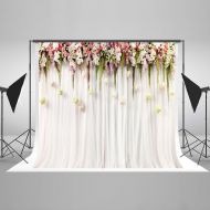 GreenDecor Polyester Fabric 7x5ft Printed Colorful Flowers White Pink Lace Curtain Wedding Ceremony Photography Backdrop Photo Booth Background