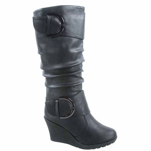  Top Moda Pure-65 Womens Fashion Round Toe Slouch Large Buckle Wedge Mid Calf Boot Shoes