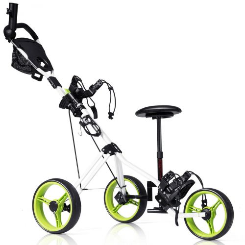 코스트웨이 Costway Foldable 3 Wheel Push Pull Golf Club Cart Trolley wSeat Scoreboard Bag Swivel