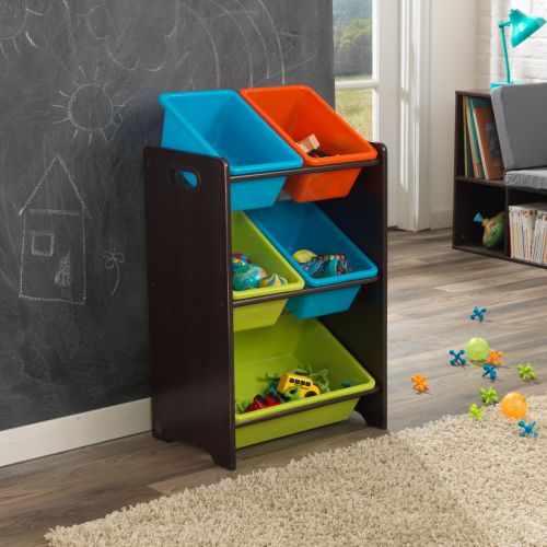 키드크래프트 KidKraft Wooden Childrens Toy Storage Unit with Five Plastic Bins - Primary & Natural