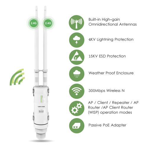  Wavlink 300Mbps Wireless Access Point High Power N300 Outdoor PoE WiFi Range ExtenderRouterRepeaterWiFi Signal Booster Weatherproof With 1000mW Omni-directional Antennas(Newest)