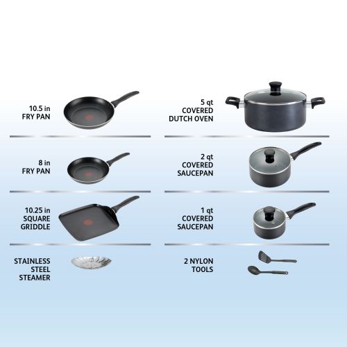 테팔 T-fal, Easy Care Nonstick 12 Pc. Cookware Set, Thermo-Spot, Dishwasher Safe, Black, B145SA