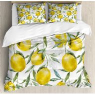 Ambesonne Nature Vibrant Citrus Branch with Blooms Delicious Plant Garden Elegance Watercolor Duvet Cover Set