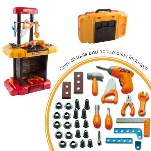  Vokodo 40 Piece Toy Tool Set Construction Kit With Portable Work Bench Workshop Realistic Tools Including Electric Drill Hammer Wrench Screwdrivers Screws Perfect For Children’s Education