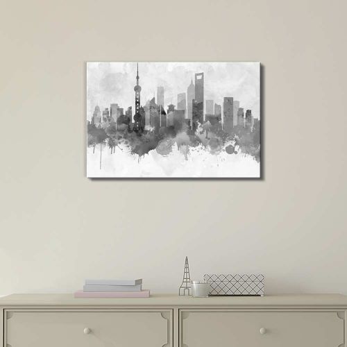 Wall26 wall26 Black and White City of Shanghai in China with Watercolor Splotches - Canvas Art Home Decor - 24x36 inches