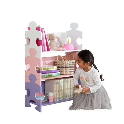 키드크래프트 KidKraft Wooden Puzzle Piece Bookcase with Three Shelves - Pastel