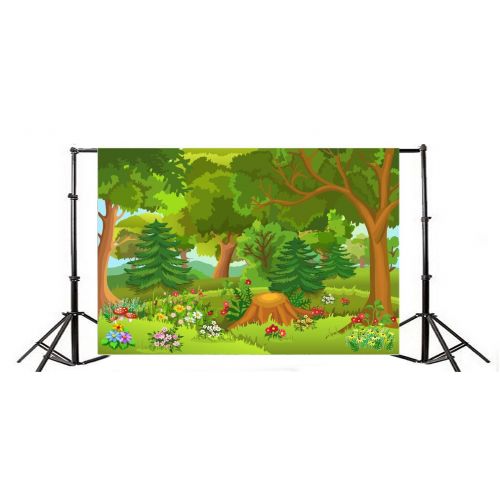  GreenDecor Polyster Cartoon Forest Backdrop 7x5ft Photography Background Willd Flowers Trees Root Grass Land Room Wallpaper Photo Video Studio Props Children Baby Kids