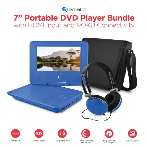  Ematic 7 Portable DVD Player Bundle with HDMI Input and ROKU Connectivity - Blue