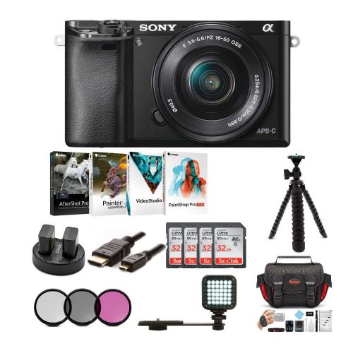 소니 Sony Alpha a6000 Mirrorless Camera w 16-50mm Lens (Black) + 32GB SD Card (4-Pack) + Software Kit
