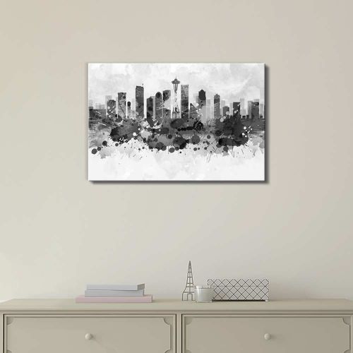  Wall26 wall26 Black and White City of Seattle with Watercolor Splotches - Canvas Art Home Decor - 24x36 inches
