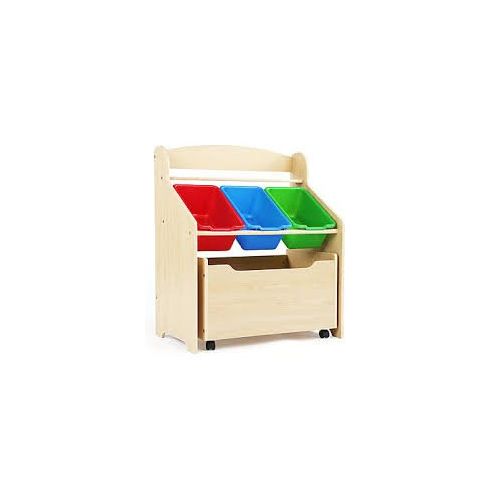  Side Kicks Top Selling Kids Toddlers Wooden Organizer Storage Play Toy Box Bin- Solid Wood Portable With Three Storage Tubs Wheels- Perfect For Den Play Room Classroom- Long Life Durable Stro