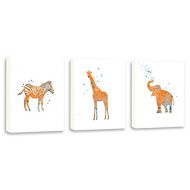 Kularoux Orange Safari Art, Elephant Watercolor Painting, Giraffe Art, Zebra art, Set of Three Limited Edition Gallery Wrapped Canvases