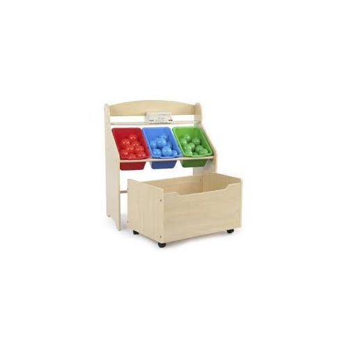  Side Kicks Top Selling Kids Toddlers Wooden Organizer Storage Play Toy Box Bin- Solid Wood Portable With Three Storage Tubs Wheels- Perfect For Den Play Room Classroom- Long Life Durable Stro