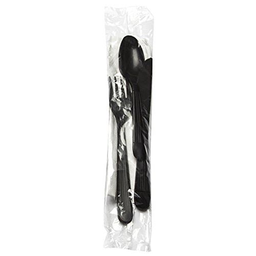  WNA 612333 6-Piece Cutlery Kit, 15 x 13-1/2 1-Ply Napkin, Heavy Propylene Black Knife-Fork-Spoon (Case of 250)