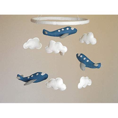  RainbowSmileShop Airplane mobile, Baby mobile, Nursery Mobile, Nursery decor, Felt mobile, blue grey felt airplanes and white clouds