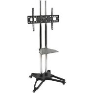 Displays2go Flat Panel Television Stand for 37 to 84+ Monitors, with Height Adjustable Shelf and Bracket, Locking Wheels, Steel (Black & Chrome)