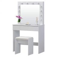 Fineboard FB-VT29-W LED Lights Vanity Table Set with Stool and Mirror with Drawer, White