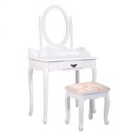 Giantex Vanity Makeup Table Set Girls Chic Modern Style with Glass Mirror Drawer Ladies Large Make Vanity Dressing Table for Women w/Cushioned Stool Bench (White)