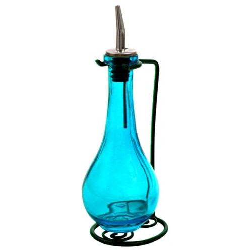  Romantic Decor and More Soap Dispenser for Kitchen Sink or Salad Dressing Container, Glass Oil Bottle G40F Aqua Raindrop Style 8 oz. Glass Bottle with Stainless Steel Pour Spout, Cork and Powder Coated Bl