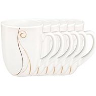 Van Well 6er Set Kaffeebecher Granada 33cl - Kaffeetasse aus weissem Porzellan mit Linien- Dekor in beige und braun