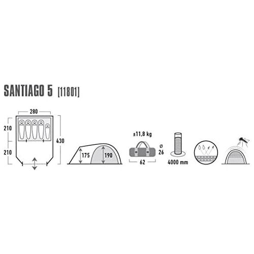  Besuchen Sie den High Peak-Store High Peak Kuppelzelt Santiago 5, Campingzelt mit Wohn-/Stauraum, Familienzelt fuer 5 Personen, eingenahter Zeltboden, doppelwandig, 4.000 mm wasserdicht, Klarsichtfolienfenster mit