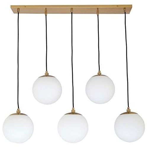  Rivet Eclipse 5-Globe Brass Pendant Chandelier, 36H, Brass with Frosted Glass Globes
