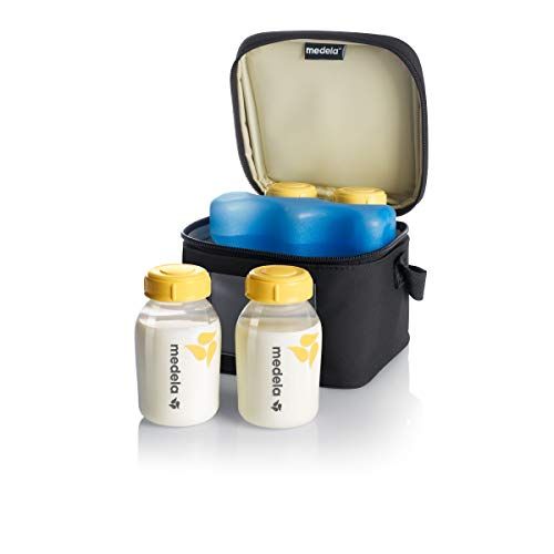 메델라 Medela Breast Milk Cooler and Transport Set, 5 ounce Bottles with Lids, Contoured Ice Pack, Cooler Carrier Bag